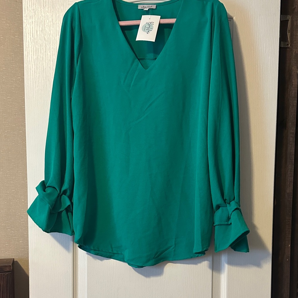 White Birch Teal Blouse with V-Neck